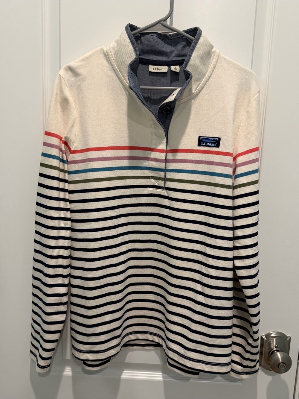 L.L. Bean Pullover Women's L Cream Cotton Striped Snap Neck Rugby Style Outdoor - Picture 2 of 11